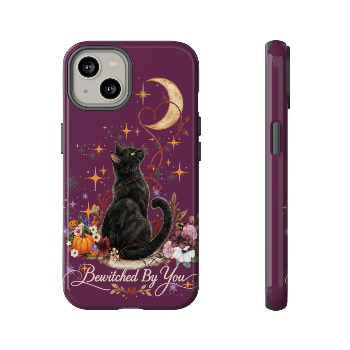Black Cat Halloween Phone Case | Bewitched By You Witchy Moon & Pumpkin Tough Case | Dual-Layer Protective Cover for iPhone & Samsung