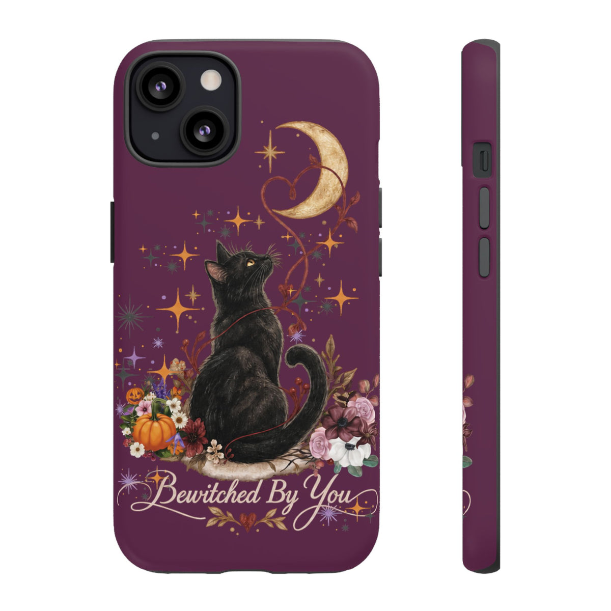 Black Cat Halloween Phone Case | Bewitched By You Witchy Moon & Pumpkin Tough Case | Dual-Layer Protective Cover for iPhone & Samsung