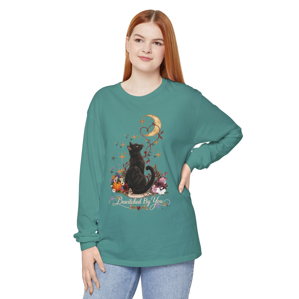 Black Cat Moon Long Sleeve Shirt — "Bewitched by You" Gothic Cat Tee
