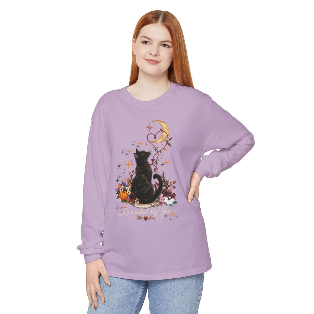Black Cat Moon Long Sleeve Shirt — "Bewitched by You" Gothic Cat Tee