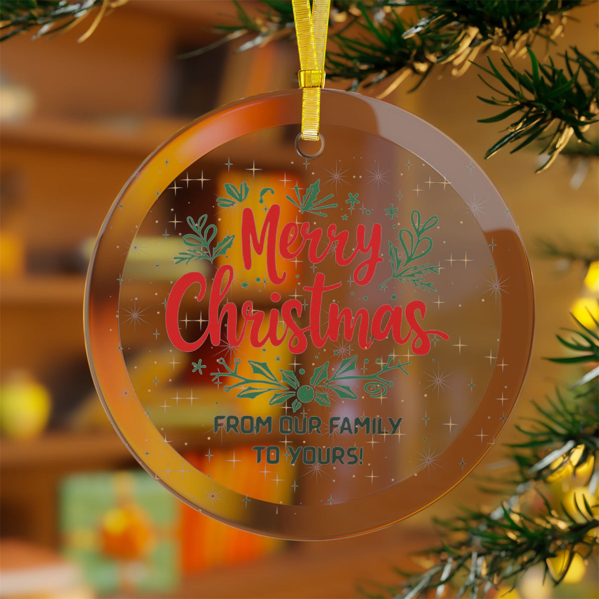 Merry Christmas Family Glass Ornament, Wholesale Bundle 1/5/10/25/50 Pack, Round Beveled Glass Ornament, Gold Ribbon, Bulk Christmas Decor for Retailers