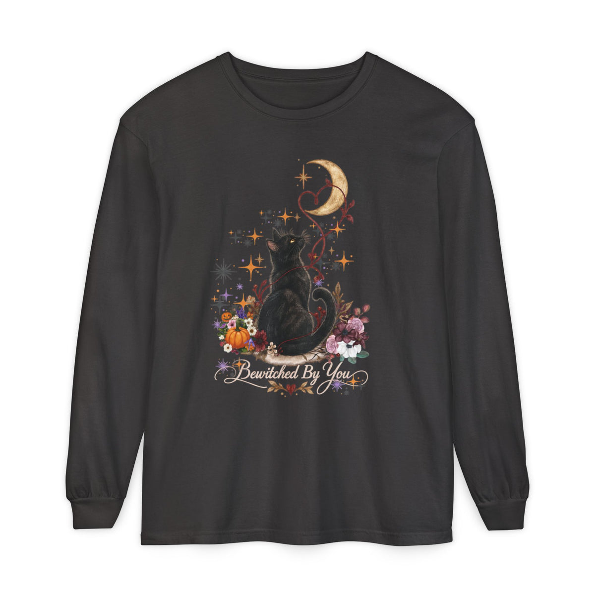 Black Cat Moon Long Sleeve Shirt — "Bewitched by You" Gothic Cat Tee