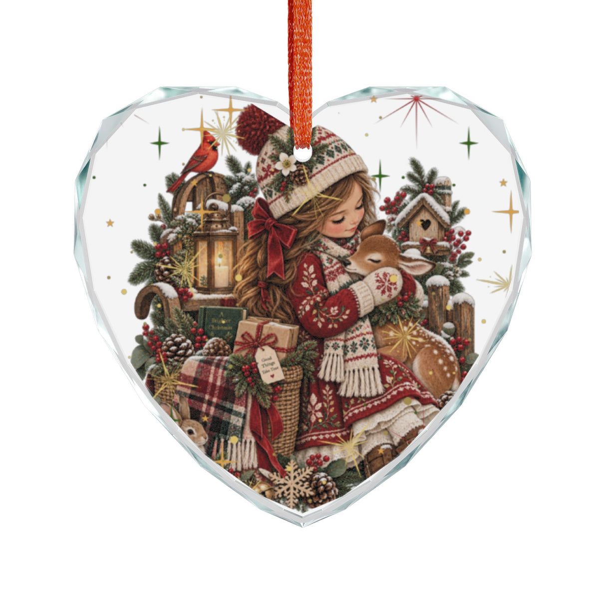 Heart Crystal Ornament — Cozy Vintage Girl with Bunny Christmas Decoration