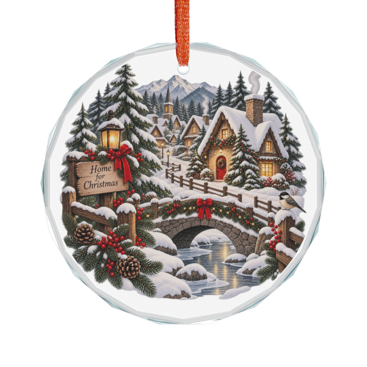 Glass Ornament — Cozy Snowy Village 'Home for Christmas' Holiday Decoration