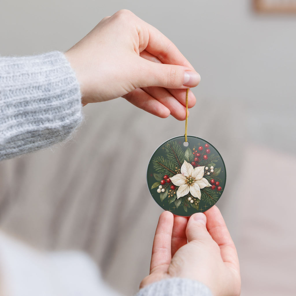 Personalized Ceramic Christmas Ornament – Poinsettia & Pine Family Keepsake (Custom Name, Christmas 2026)