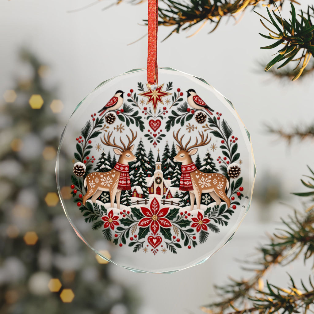 Crystal Heart Ornament — Folk Art Reindeer & Winter Village Holiday Decoration