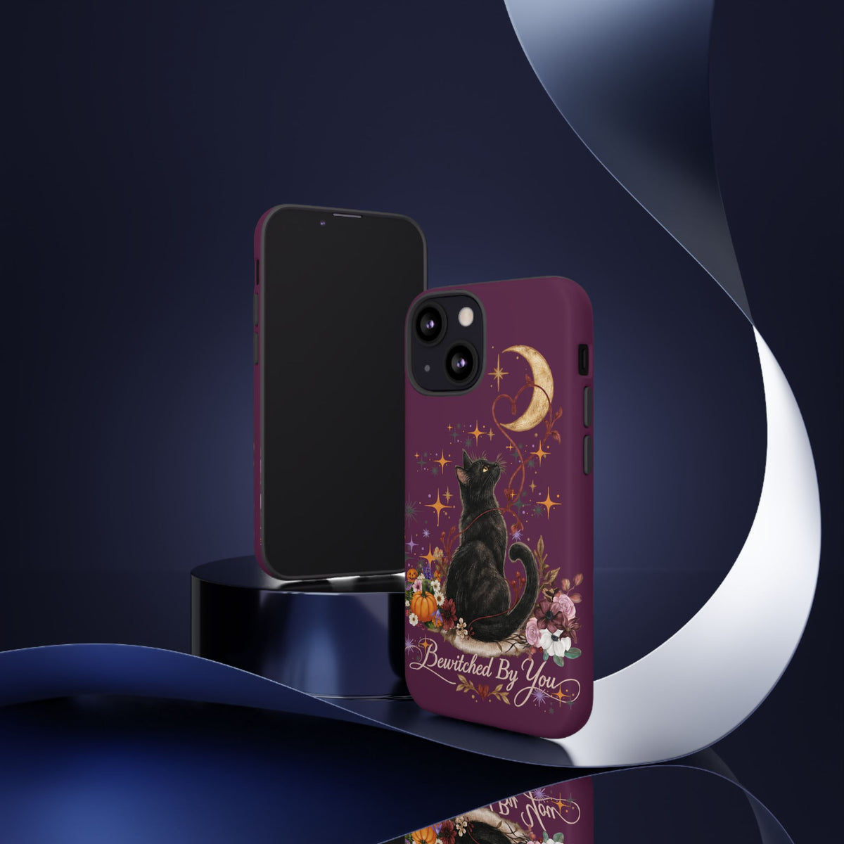 Black Cat Halloween Phone Case | Bewitched By You Witchy Moon & Pumpkin Tough Case | Dual-Layer Protective Cover for iPhone & Samsung