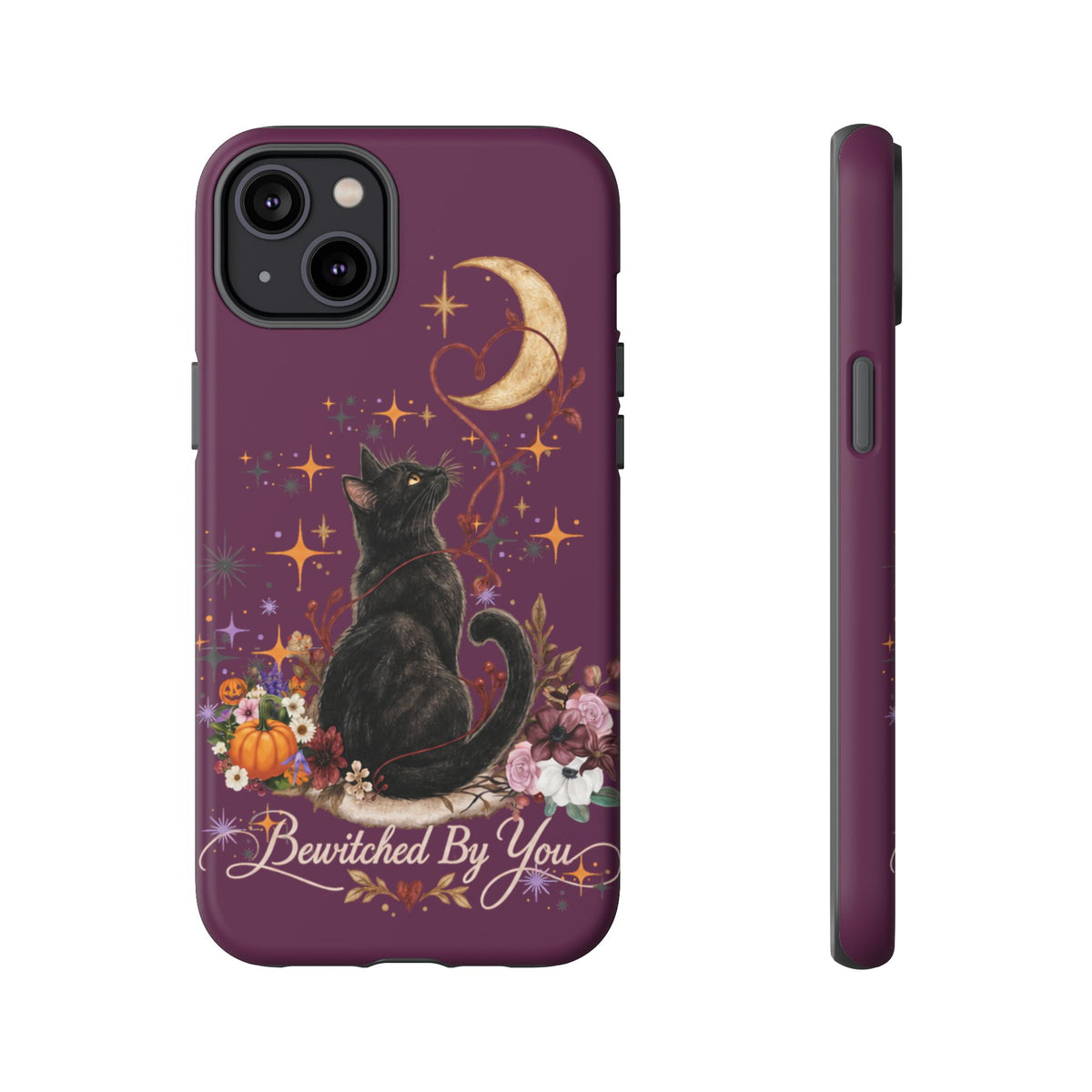 Black Cat Halloween Phone Case | Bewitched By You Witchy Moon & Pumpkin Tough Case | Dual-Layer Protective Cover for iPhone & Samsung