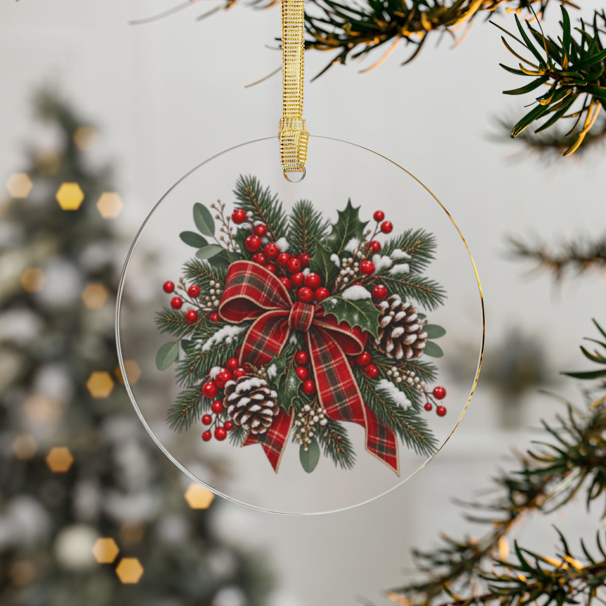 Christmas Wreath Acrylic Ornament — Plaid Bow, Pine & Berries Holiday Decoration