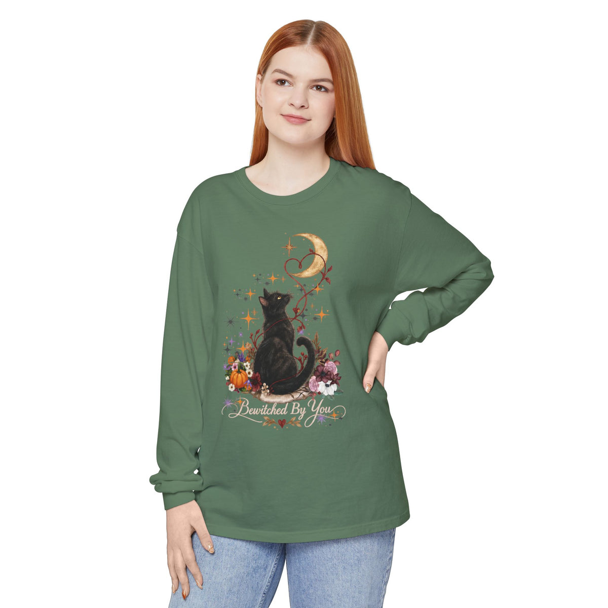 Black Cat Moon Long Sleeve Shirt — "Bewitched by You" Gothic Cat Tee