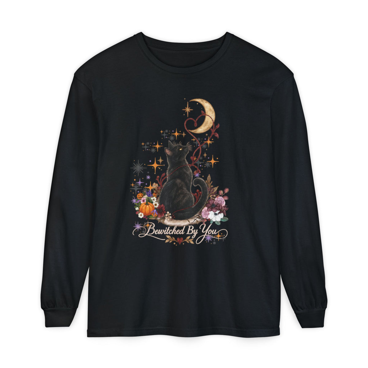 Black Cat Moon Long Sleeve Shirt — "Bewitched by You" Gothic Cat Tee