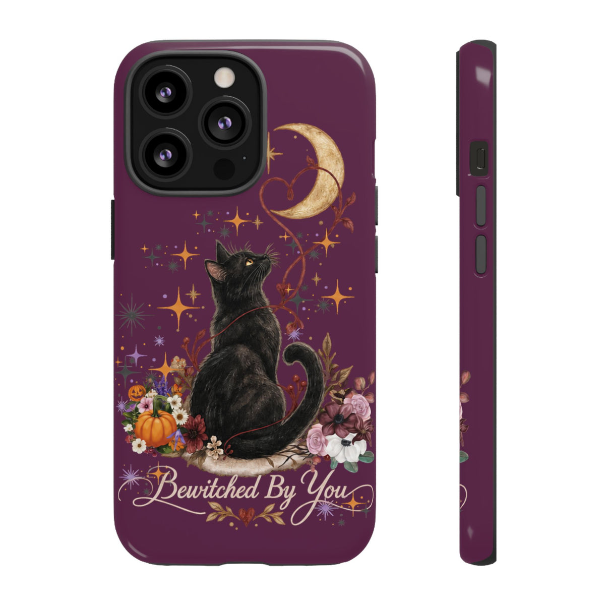 Black Cat Halloween Phone Case | Bewitched By You Witchy Moon & Pumpkin Tough Case | Dual-Layer Protective Cover for iPhone & Samsung