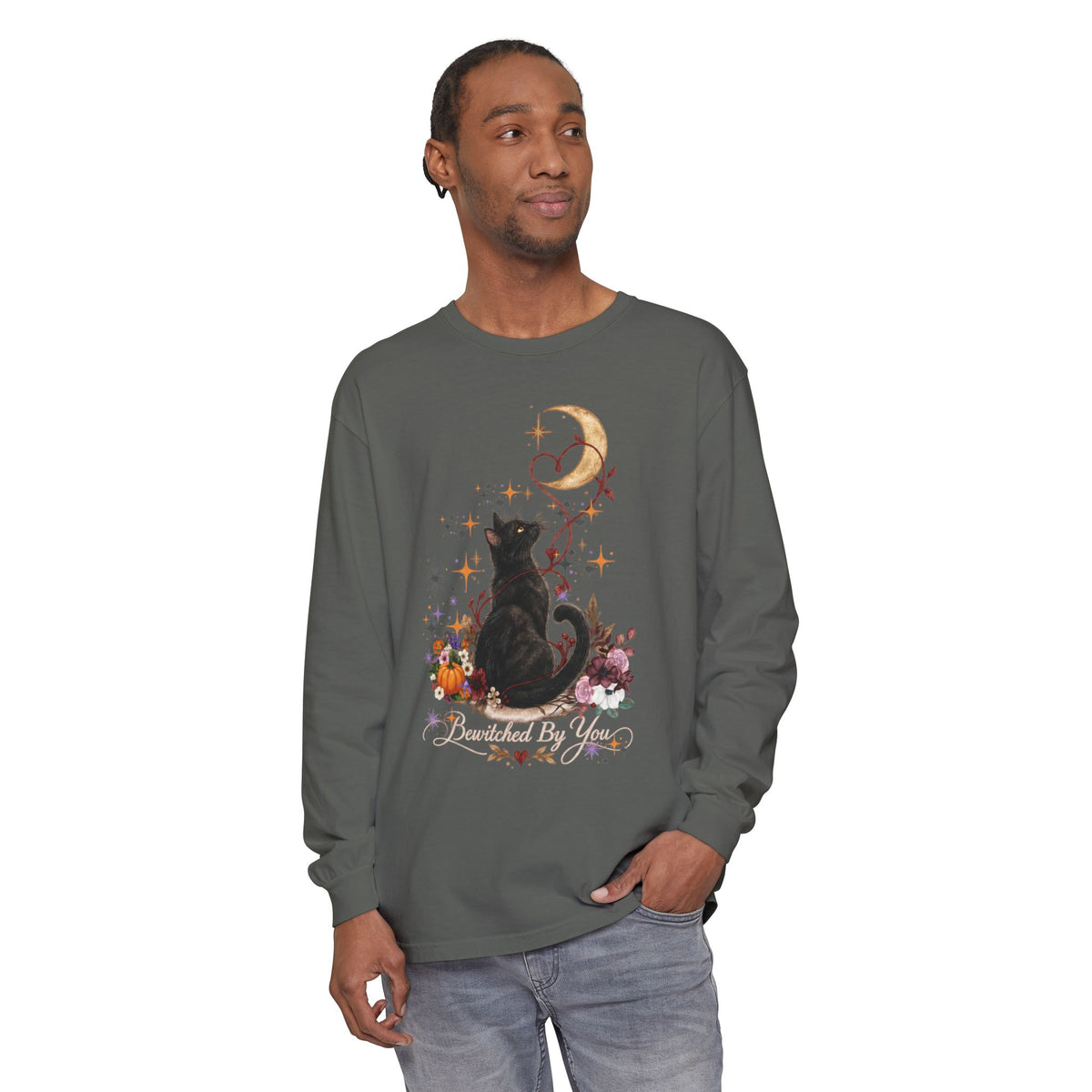 Black Cat Moon Long Sleeve Shirt — "Bewitched by You" Gothic Cat Tee