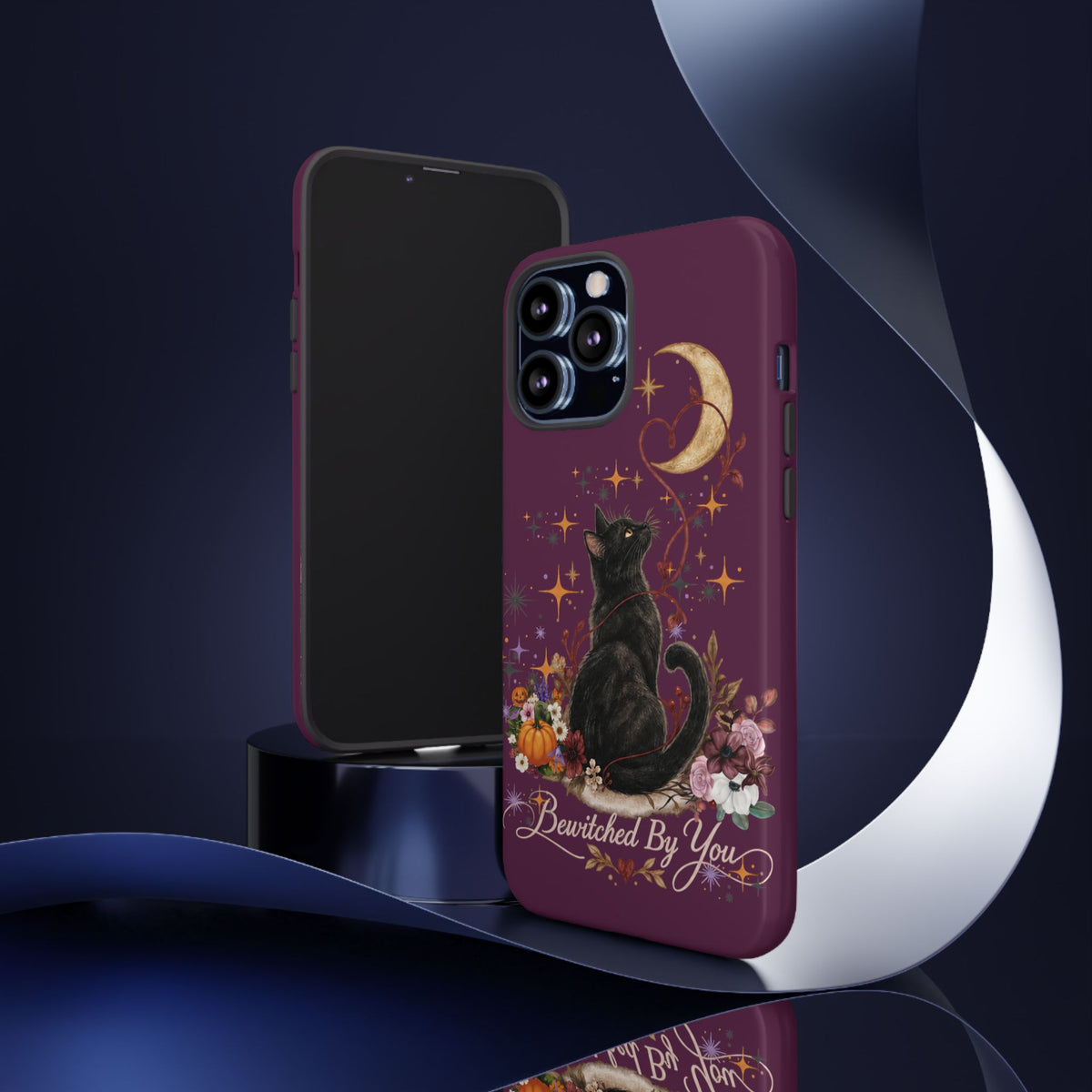 Black Cat Halloween Phone Case | Bewitched By You Witchy Moon & Pumpkin Tough Case | Dual-Layer Protective Cover for iPhone & Samsung