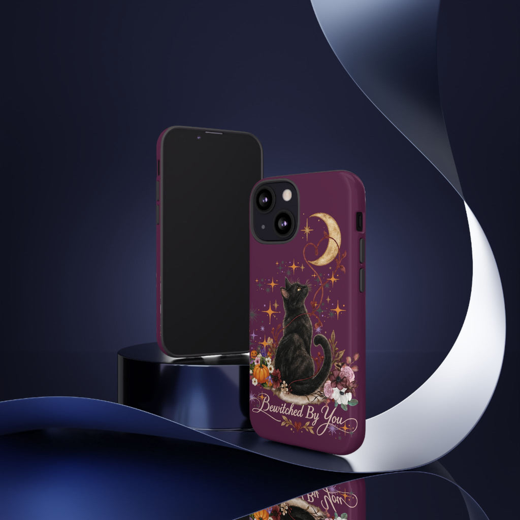 Black Cat Halloween Phone Case | Bewitched By You Witchy Moon & Pumpkin Tough Case | Dual-Layer Protective Cover for iPhone & Samsung