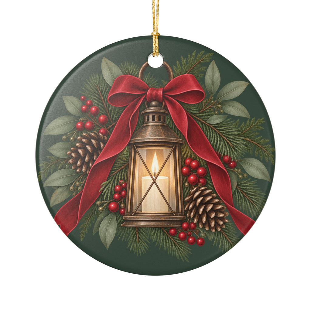 Personalized Ceramic Christmas Ornament — Lantern & Red Bow Family Holiday Decoration