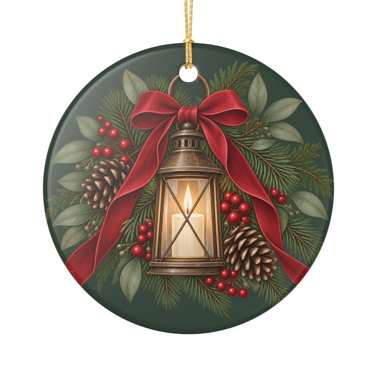 Personalized Ceramic Christmas Ornament — Lantern & Red Bow Family Holiday Decoration