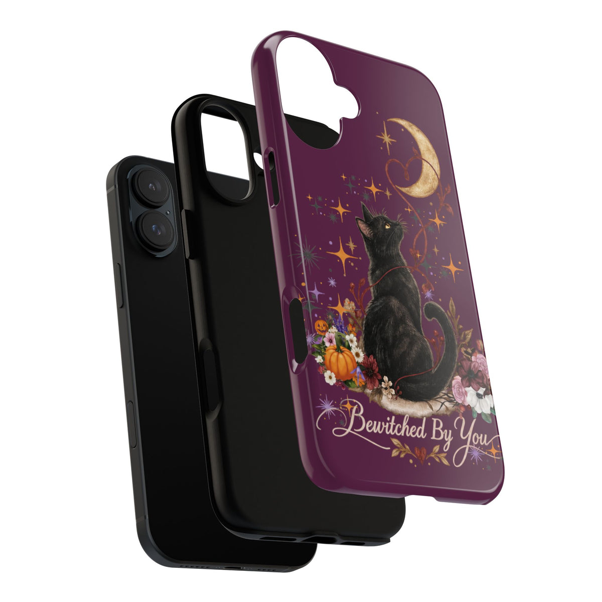 Black Cat Halloween Phone Case | Bewitched By You Witchy Moon & Pumpkin Tough Case | Dual-Layer Protective Cover for iPhone & Samsung
