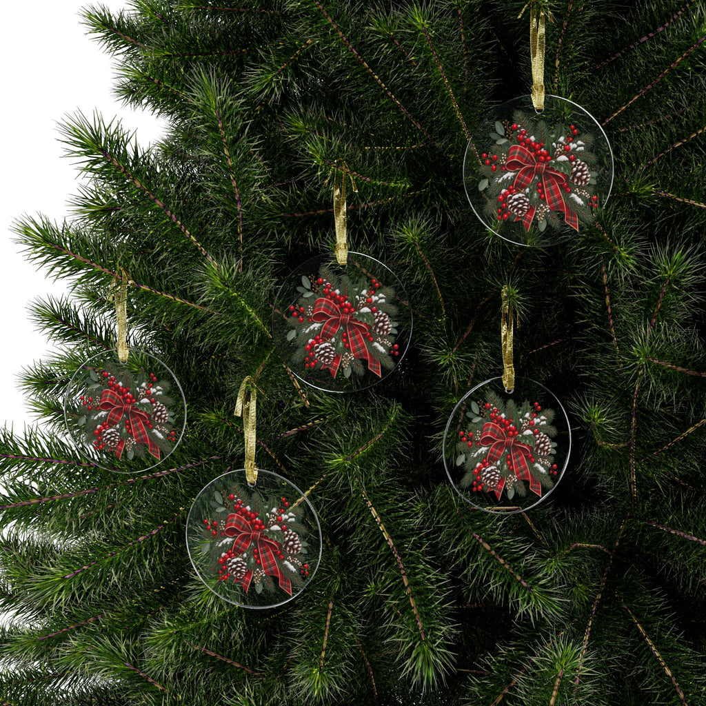 Christmas Wreath Acrylic Ornament — Plaid Bow, Pine & Berries Holiday Decoration
