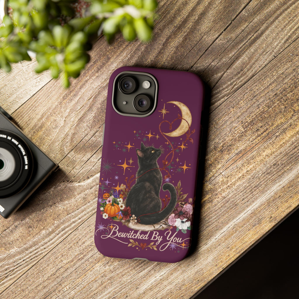 Black Cat Halloween Phone Case | Bewitched By You Witchy Moon & Pumpkin Tough Case | Dual-Layer Protective Cover for iPhone & Samsung