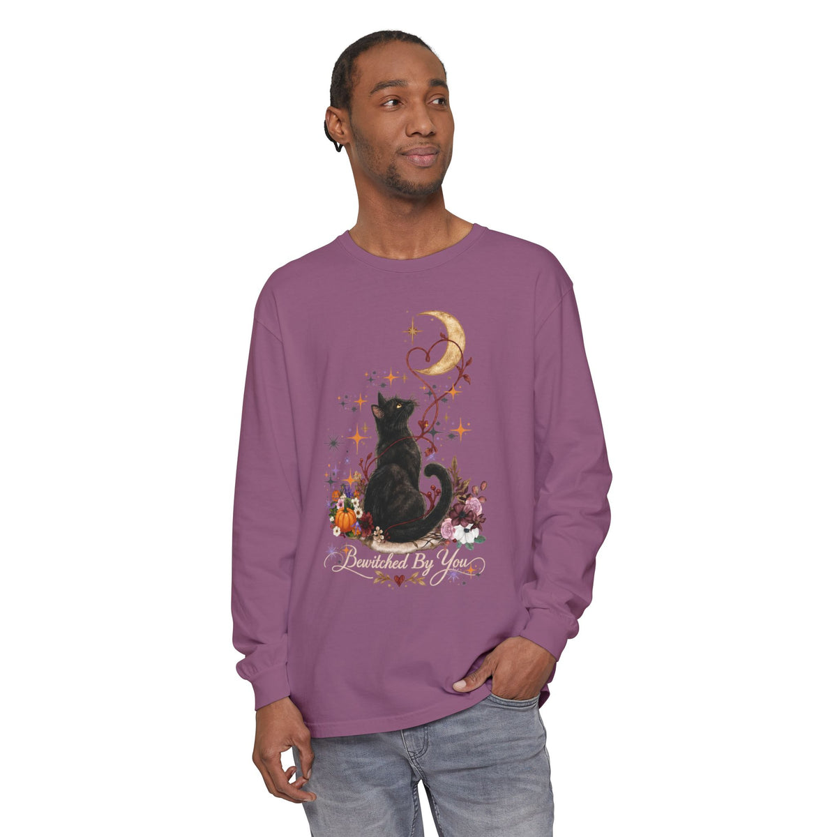 Black Cat Moon Long Sleeve Shirt — "Bewitched by You" Gothic Cat Tee
