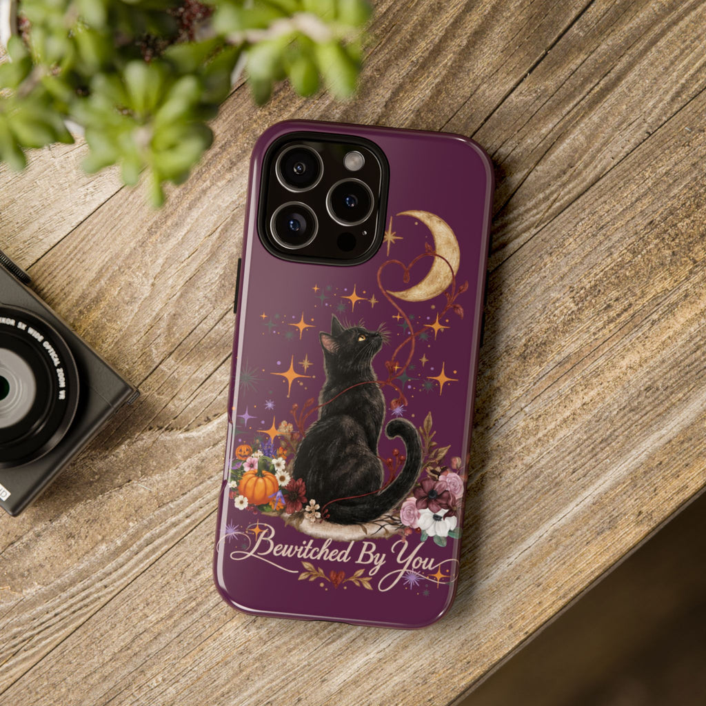 Black Cat Halloween Phone Case | Bewitched By You Witchy Moon & Pumpkin Tough Case | Dual-Layer Protective Cover for iPhone & Samsung