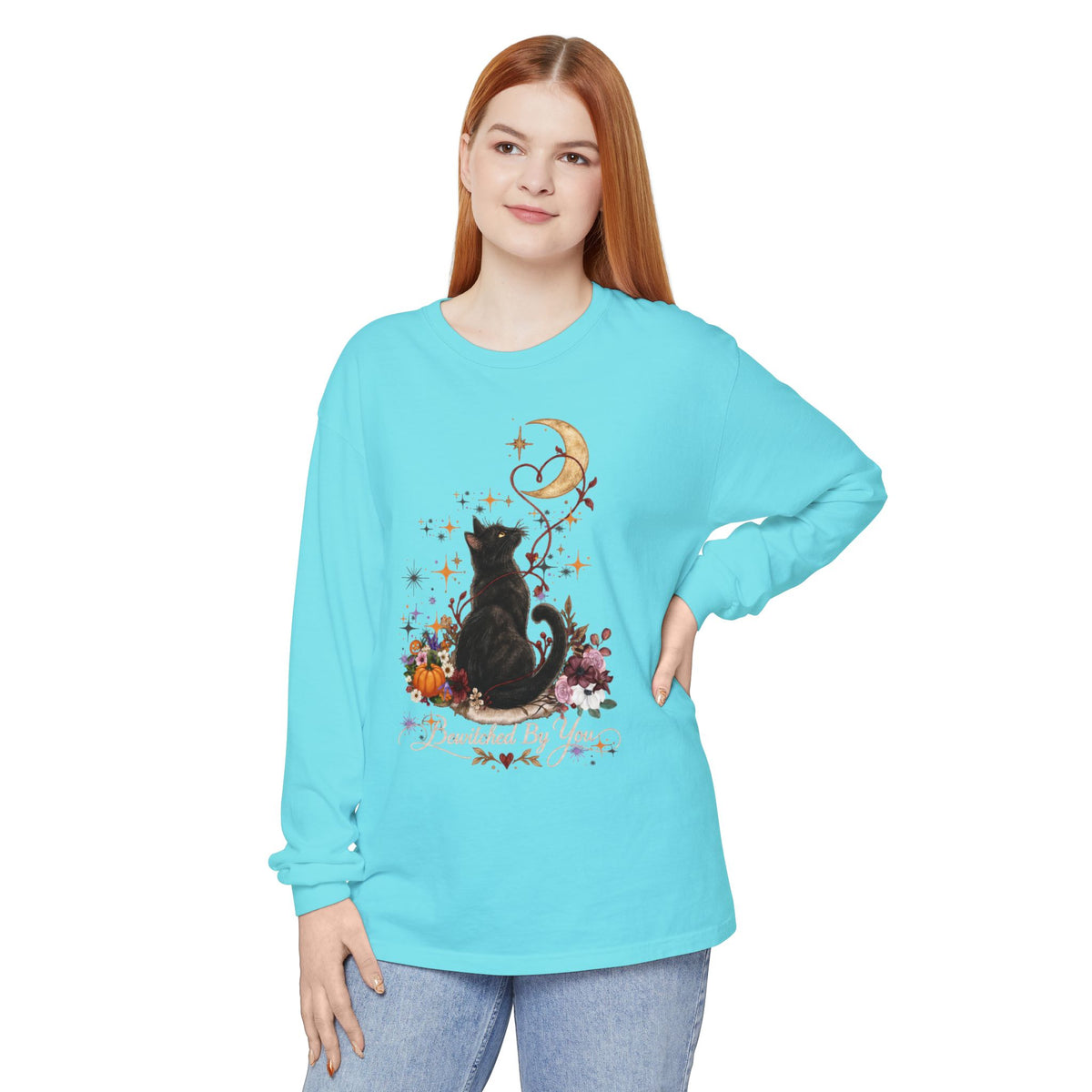 Black Cat Moon Long Sleeve Shirt — "Bewitched by You" Gothic Cat Tee