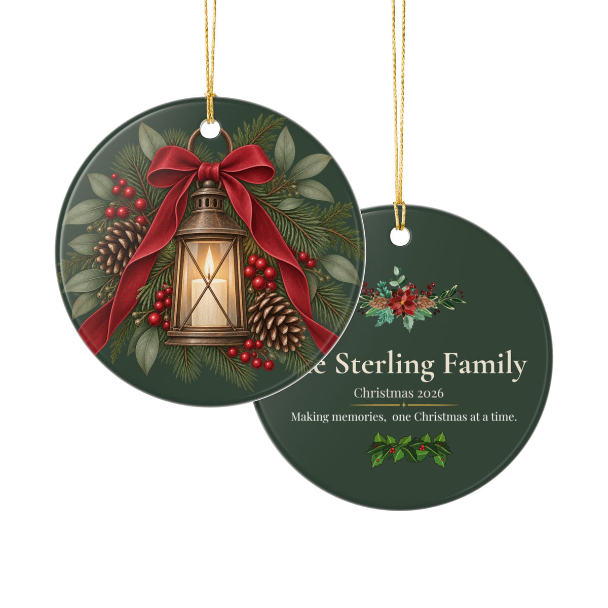 Personalized Ceramic Christmas Ornament — Lantern & Red Bow Family Holiday Decoration