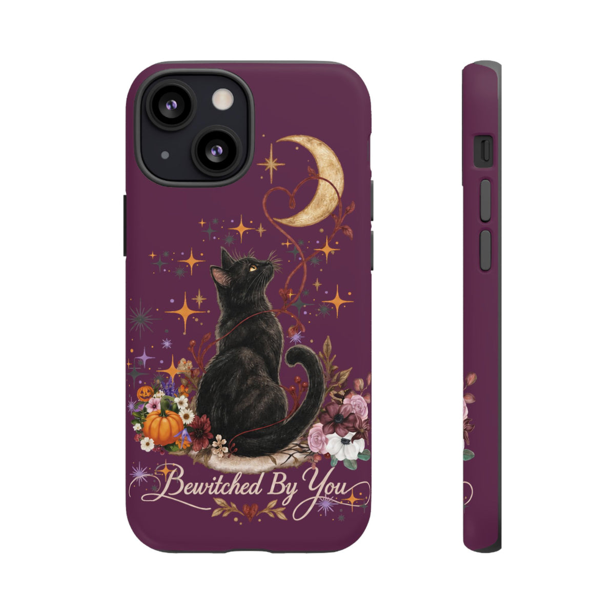 Black Cat Halloween Phone Case | Bewitched By You Witchy Moon & Pumpkin Tough Case | Dual-Layer Protective Cover for iPhone & Samsung