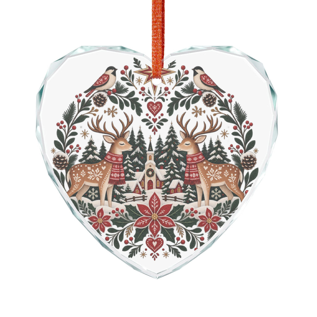 Crystal Heart Ornament — Folk Art Reindeer & Winter Village Holiday Decoration
