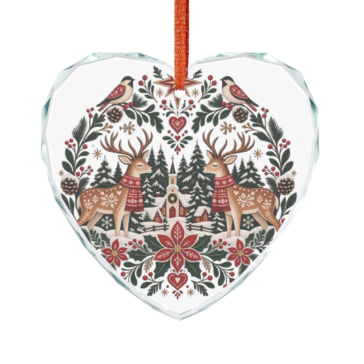 Crystal Heart Ornament — Folk Art Reindeer & Winter Village Holiday Decoration