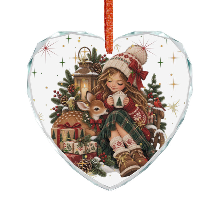 Heart Crystal Ornament — Cute Girl & Fawn Christmas Holiday Decoration