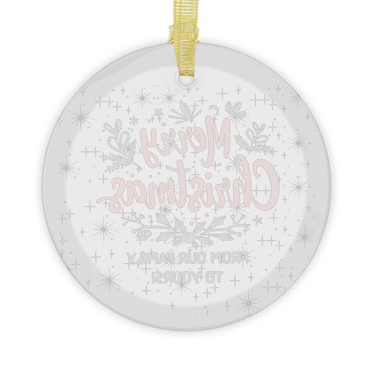 Merry Christmas Family Glass Ornament, Wholesale Bundle 1/5/10/25/50 Pack, Round Beveled Glass Ornament, Gold Ribbon, Bulk Christmas Decor for Retailers