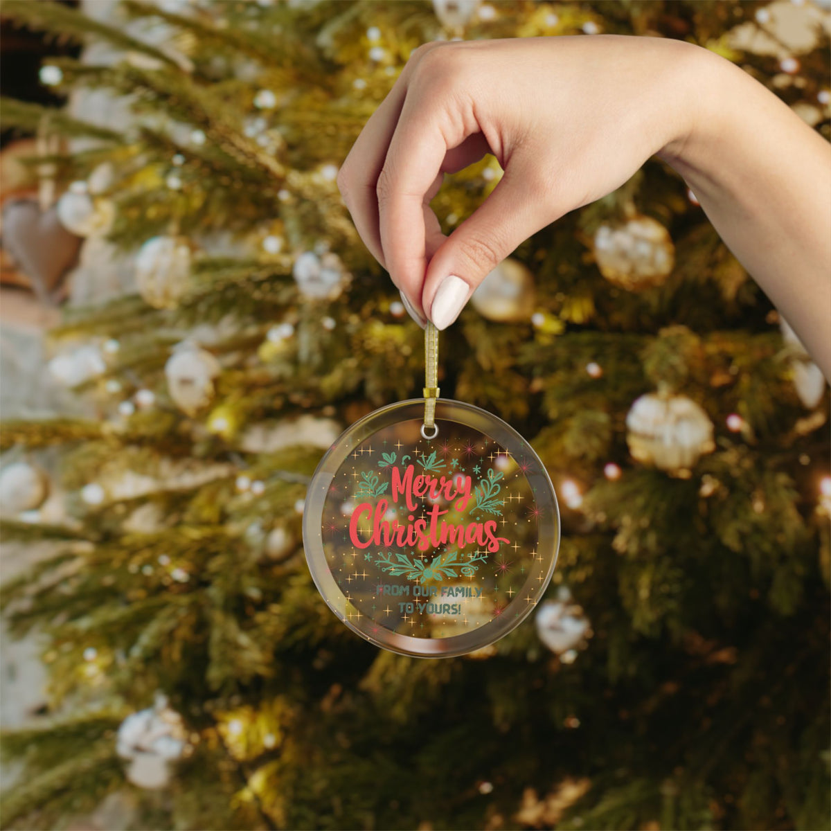 Merry Christmas Family Glass Ornament, Wholesale Bundle 1/5/10/25/50 Pack, Round Beveled Glass Ornament, Gold Ribbon, Bulk Christmas Decor for Retailers