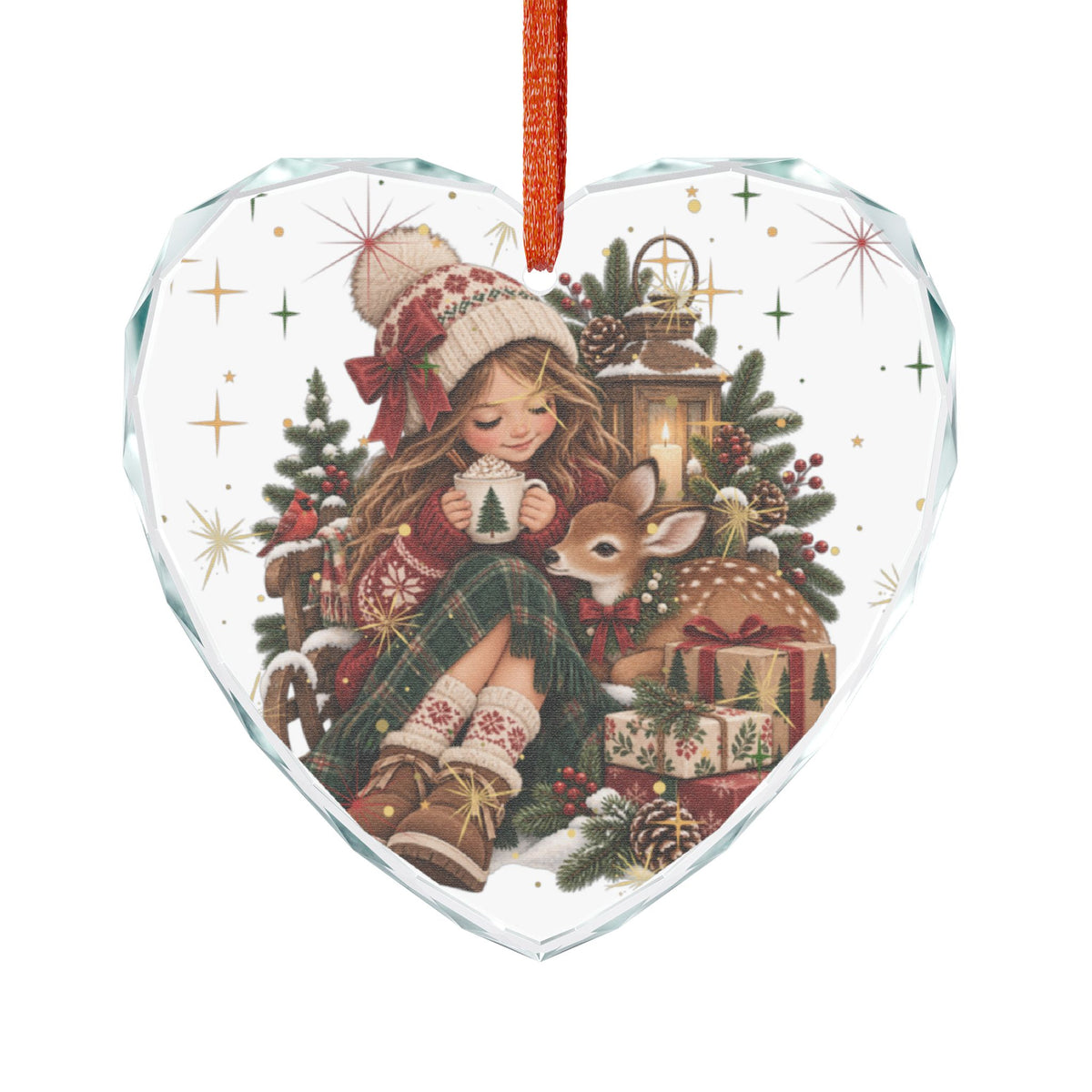 Heart Crystal Ornament — Cute Girl & Fawn Christmas Holiday Decoration