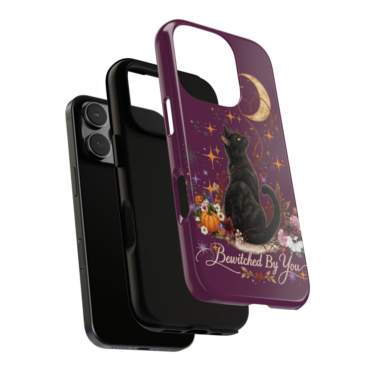 Black Cat Halloween Phone Case | Bewitched By You Witchy Moon & Pumpkin Tough Case | Dual-Layer Protective Cover for iPhone & Samsung