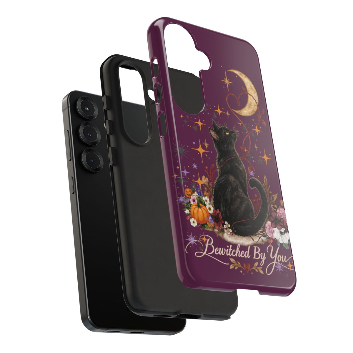 Black Cat Halloween Phone Case | Bewitched By You Witchy Moon & Pumpkin Tough Case | Dual-Layer Protective Cover for iPhone & Samsung
