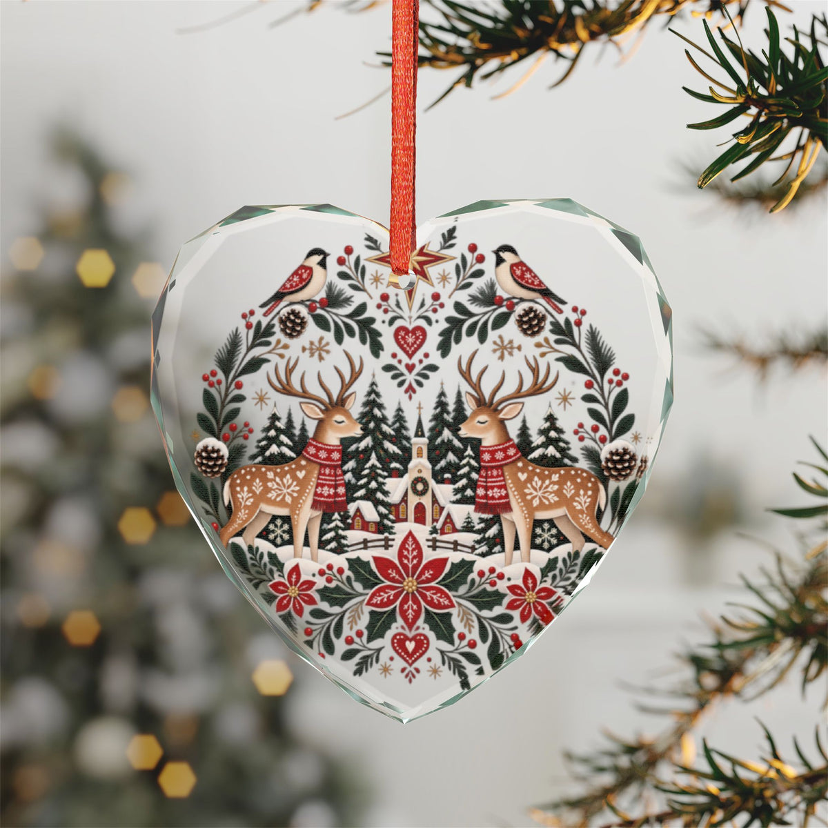 Crystal Heart Ornament — Folk Art Reindeer & Winter Village Holiday Decoration