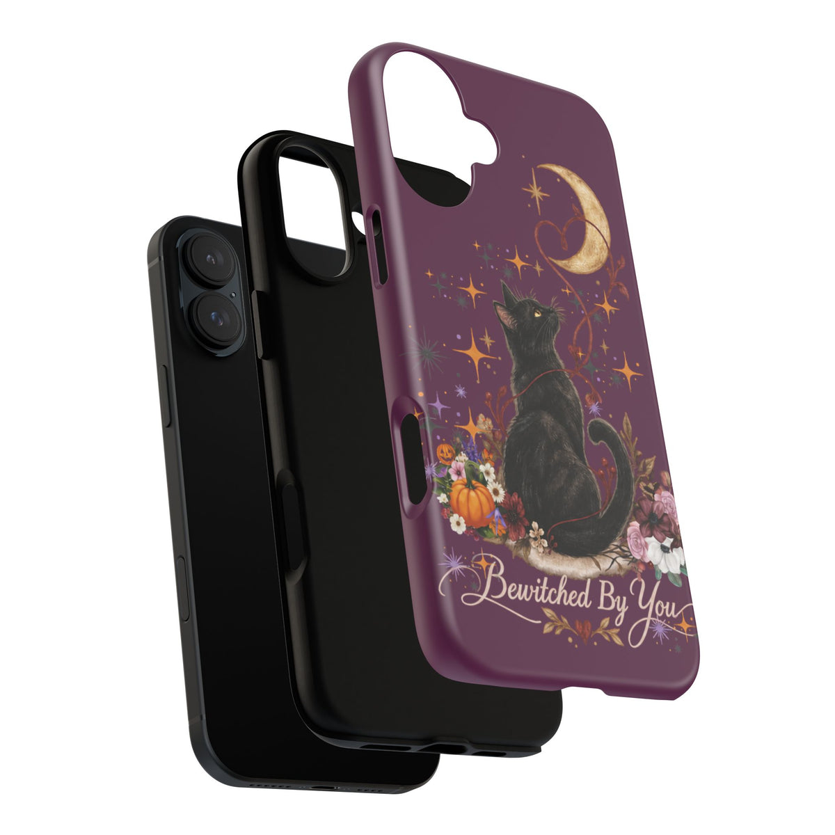 Black Cat Halloween Phone Case | Bewitched By You Witchy Moon & Pumpkin Tough Case | Dual-Layer Protective Cover for iPhone & Samsung
