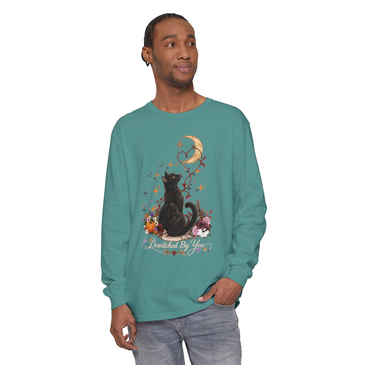 Black Cat Moon Long Sleeve Shirt — "Bewitched by You" Gothic Cat Tee