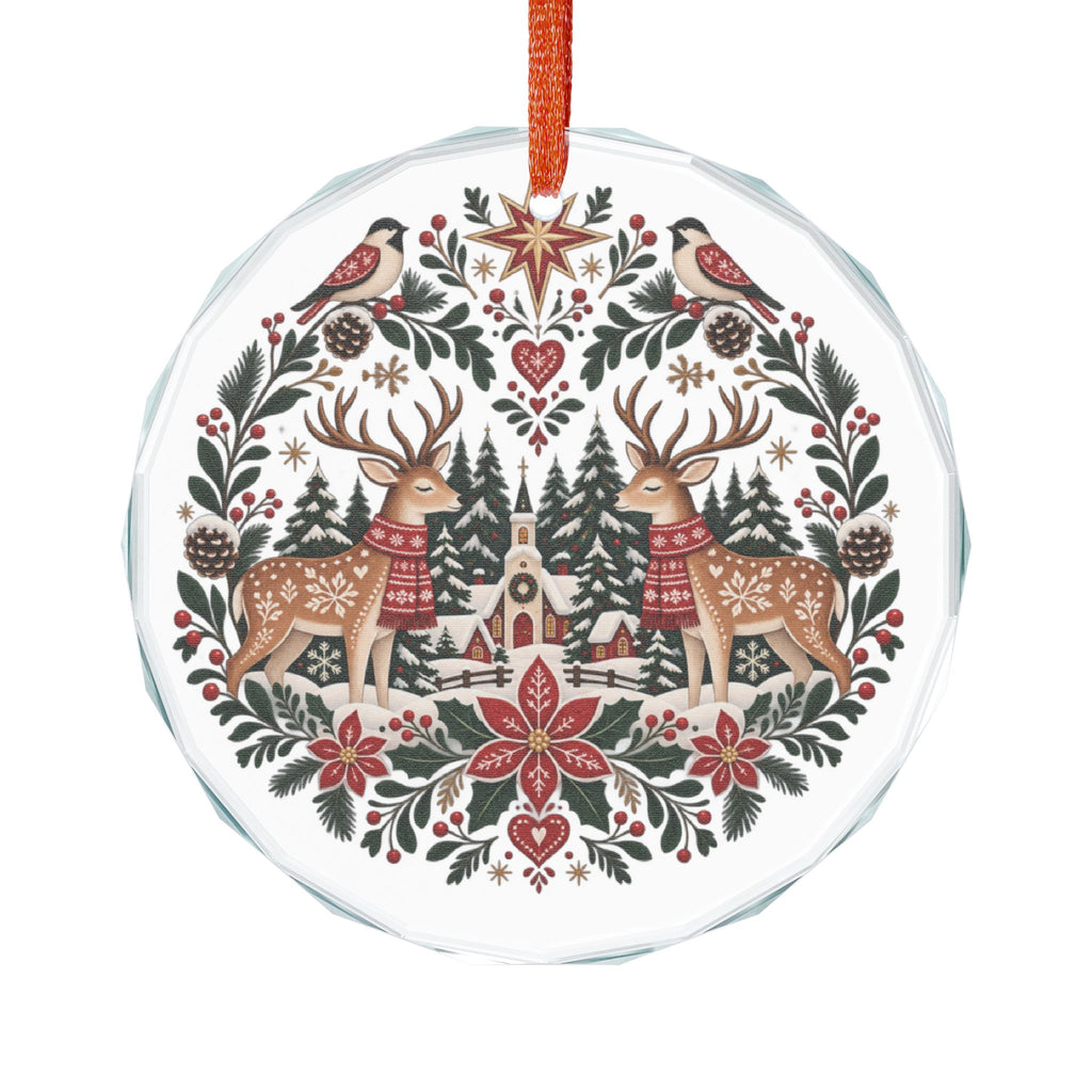Crystal Heart Ornament — Folk Art Reindeer & Winter Village Holiday Decoration