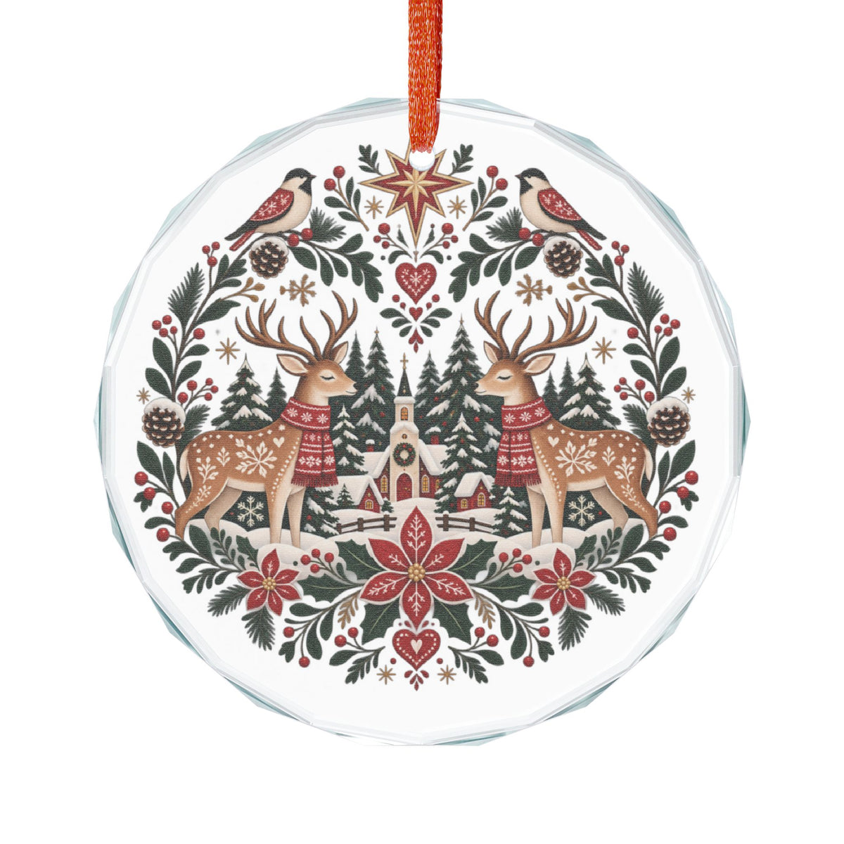 Crystal Heart Ornament — Folk Art Reindeer & Winter Village Holiday Decoration