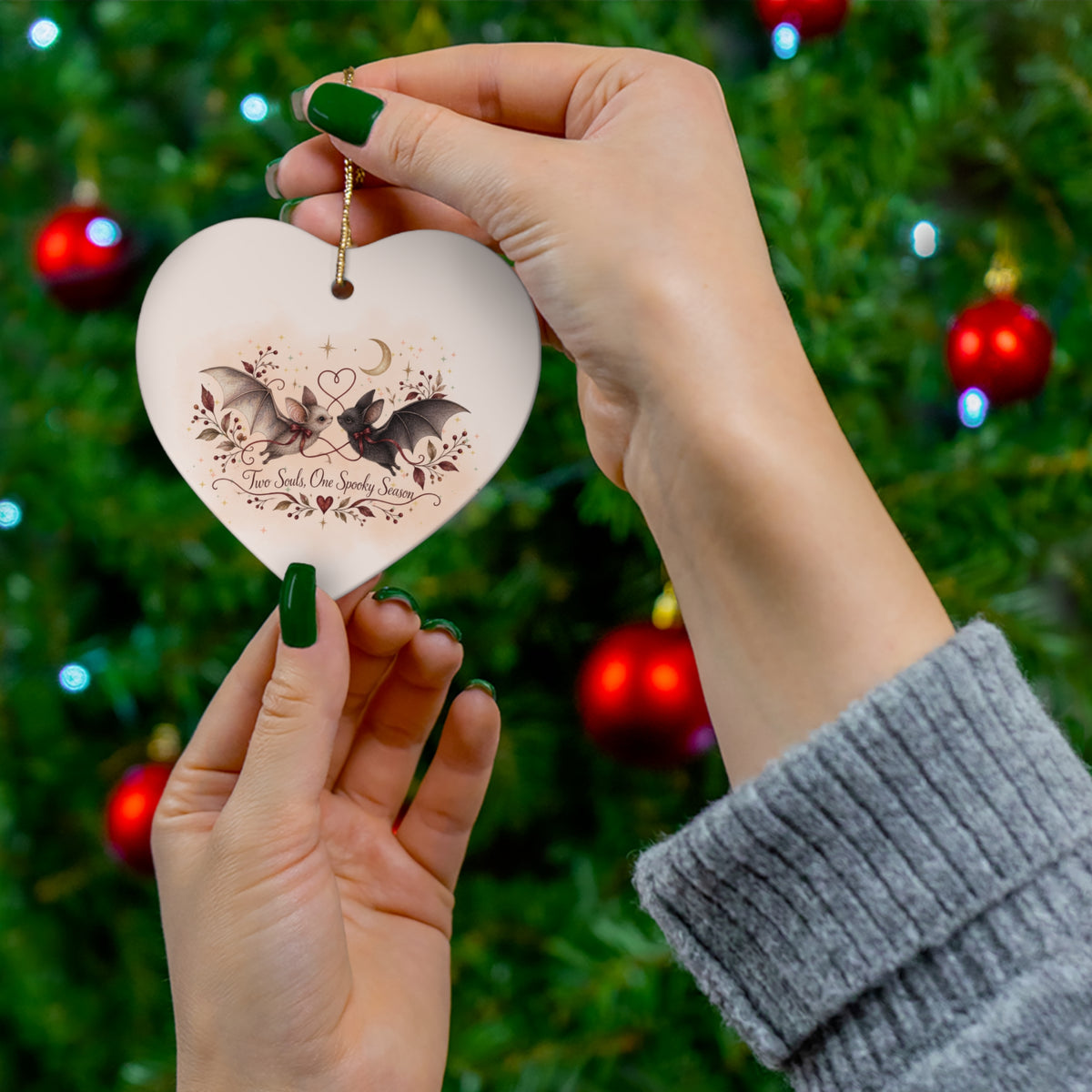 Bat Couple Ceramic Ornament, Gothic Halloween Christmas Decor, Two Bats in Love, Star Snowflake Heart Circle, Spooky Season Gift, Moonlit Vintage Design