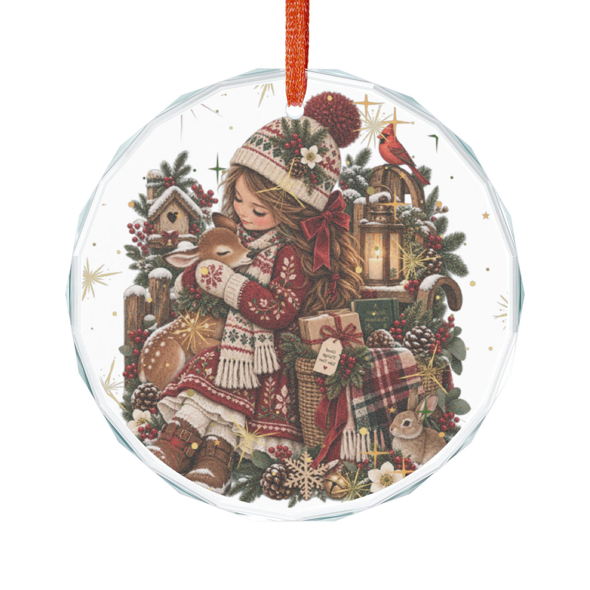 Heart Crystal Ornament — Cozy Vintage Girl with Bunny Christmas Decoration