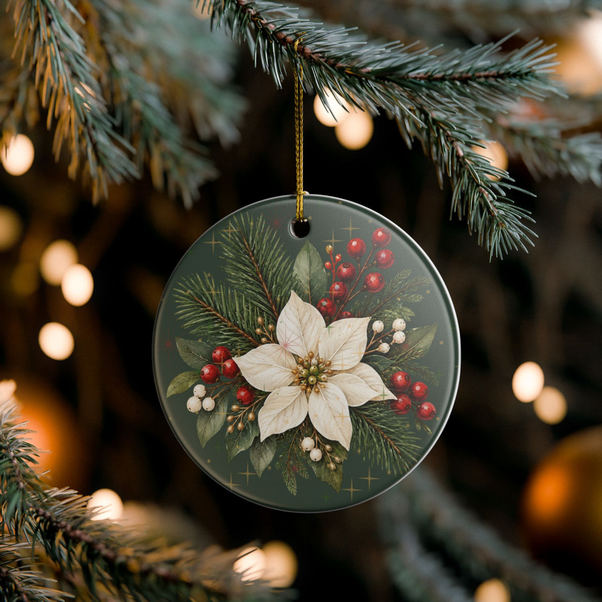 Personalized Ceramic Christmas Ornament – Poinsettia & Pine Family Keepsake (Custom Name, Christmas 2026)