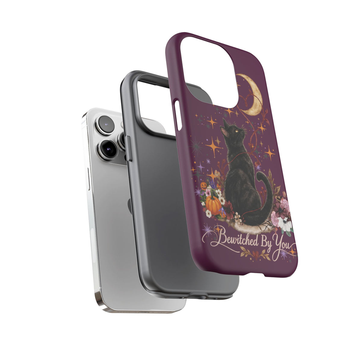 Black Cat Halloween Phone Case | Bewitched By You Witchy Moon & Pumpkin Tough Case | Dual-Layer Protective Cover for iPhone & Samsung