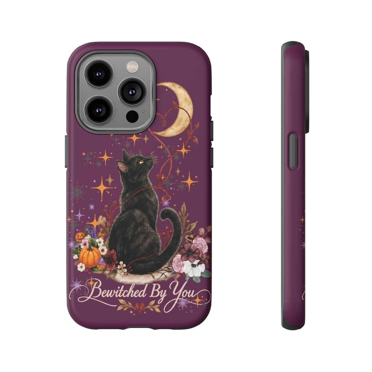 Black Cat Halloween Phone Case | Bewitched By You Witchy Moon & Pumpkin Tough Case | Dual-Layer Protective Cover for iPhone & Samsung
