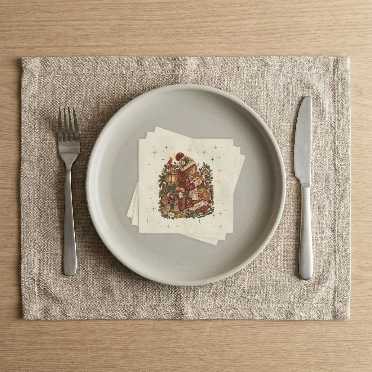 Christmas Girl Napkins — Vintage Holiday Paper Napkins with Cozy Lantern & Toys Design