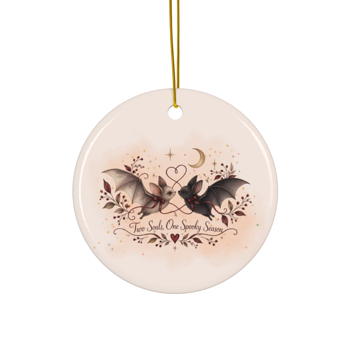 Bat Couple Ceramic Ornament, Gothic Halloween Christmas Decor, Two Bats in Love, Star Snowflake Heart Circle, Spooky Season Gift, Moonlit Vintage Design