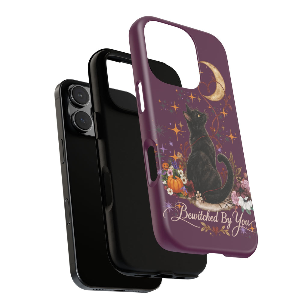 Black Cat Halloween Phone Case | Bewitched By You Witchy Moon & Pumpkin Tough Case | Dual-Layer Protective Cover for iPhone & Samsung